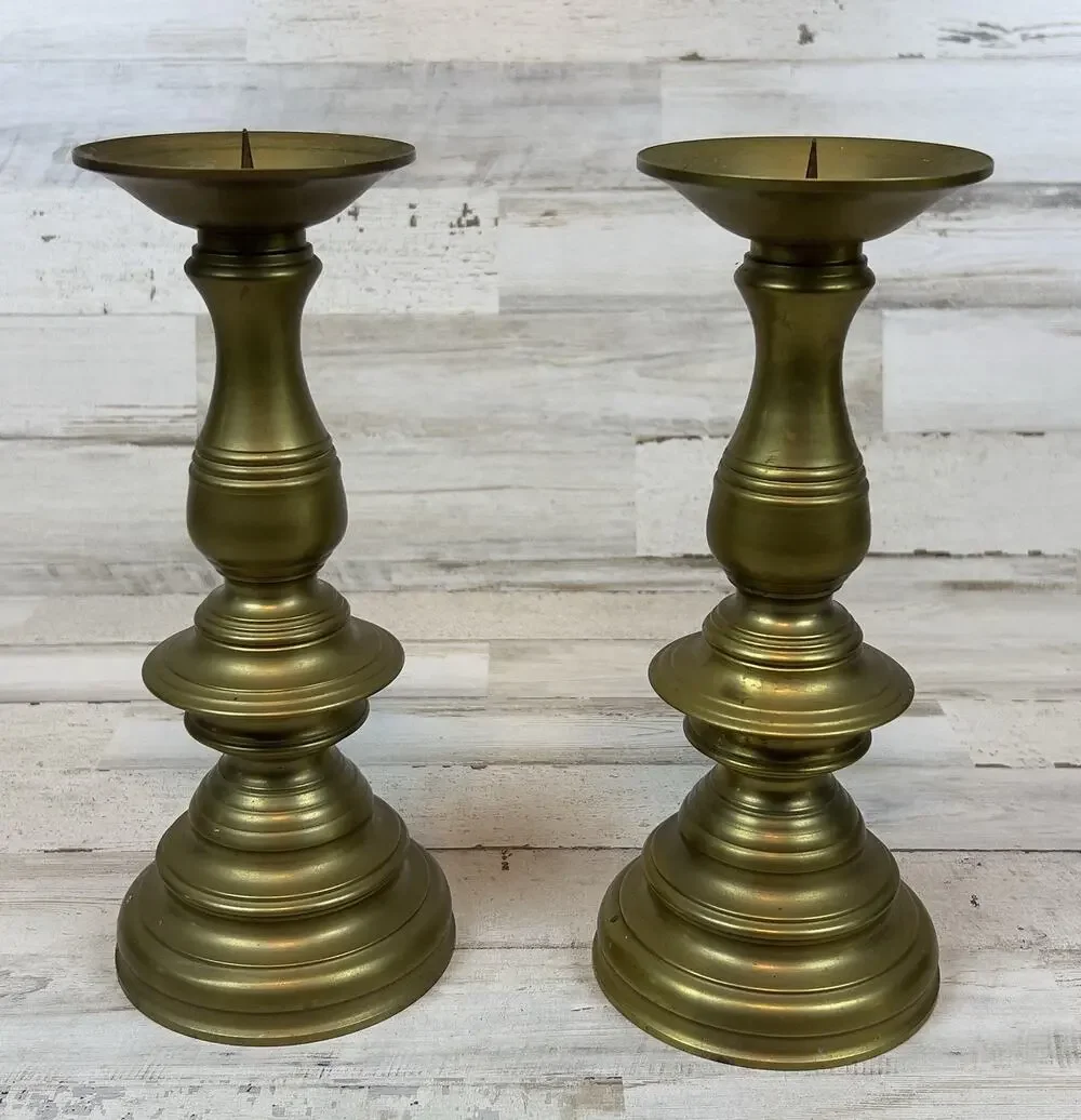 Pair Heavy Solid Brass Taper Candle Holders Traditional Gold Tone 9.5